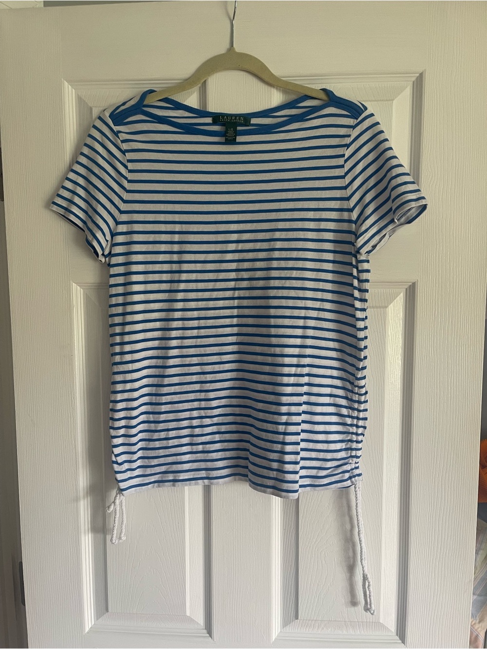 Lauren Ralph Lauren White and Blue Striped Boatneck Top ruched sides